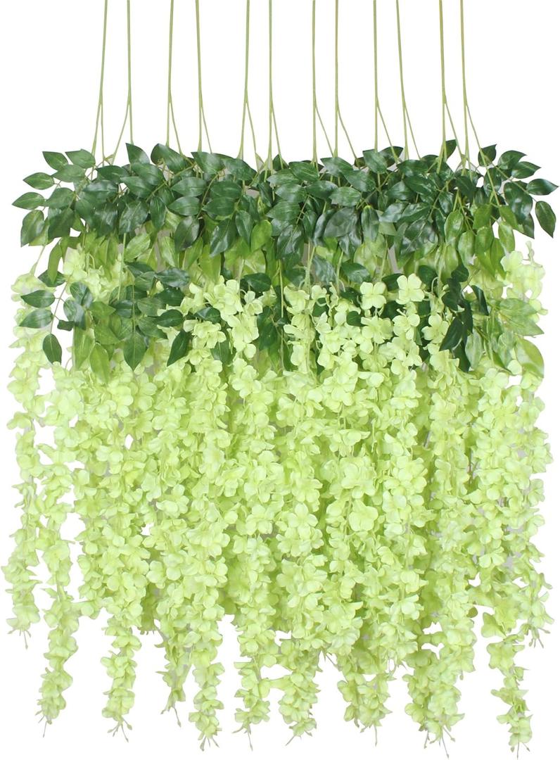 Duovlo 12 Piece Artificial Silk Wisteria Vine 3.6 Feet Hanging Flower Garland String Home Party Wedding Decor (Green)