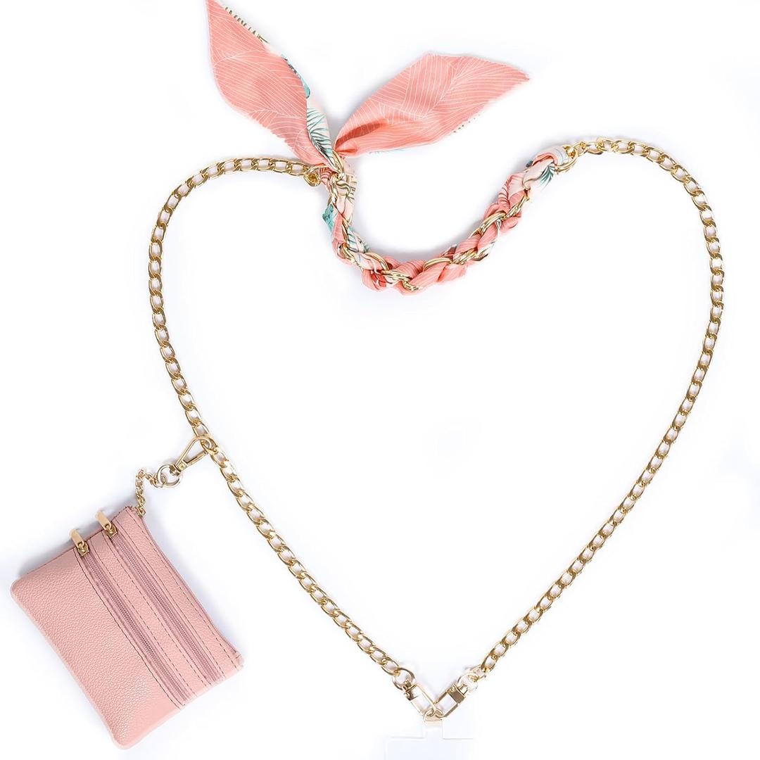 IMNEXT2U Phone Strap with Wallet for Women, Cellphone Landyard Crossbody Chain Silk Scraf Style - Pink