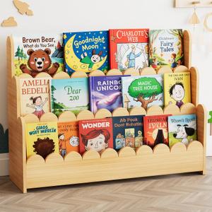 SpaceAid 3-Tier Scalloped Bookshelf, Montessori Bookcase for Toddlers, Wooden Book Shelf Organizer Display Furniture for Kids Rooms, Playroom, Nursery and Classroom, 36.7 Wide, Natural