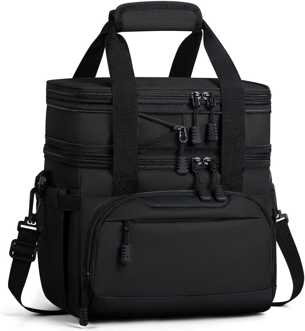 Large Lunch Box for Men Work - 24 Can Expandable Insulated Lunch Bag Double Deck, Heavy Duty Leakproof Cooler Bag with Shoulder Strap for Construction Office Outdoor, Black 14L
