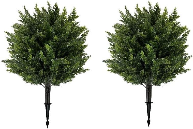 Artificial Cedar Topiary Ball Tree with Ground Spike 27.5", Set of 2 Outdoor Faux Plants UV Resistant Fake Bushes Shrubs for Garden, Yard, Porch, Patio Decor