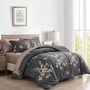 7 Pieces Bed in a Bag Queen Comforter Set with Sheets, Dark Grey Floral Design, Soft Microfiber Bedding Sets for All Season (1 Comforter, 2 Pillow Shams, 1 Flat Sheet, 1 Fitted Sheet, 2 Pillowcases)