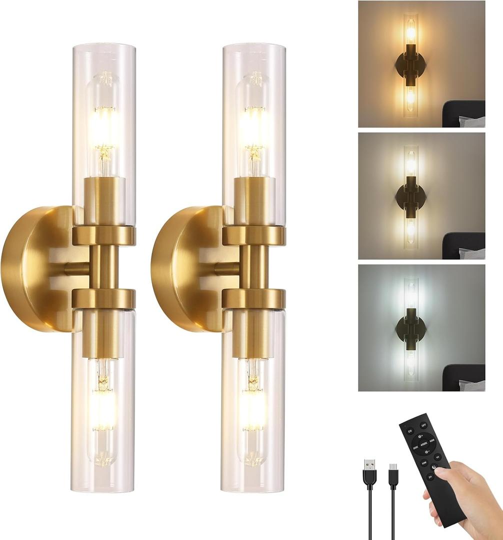 Battery Operated Wall Sconces Set of 2, 330 Rotation 3000K-6000K Dimmable Wireless Wall Sconce with Clear Glass Gold 10400mAh USB Rechargeable Wall Lights with Remote Bulbs Included 2 Pack