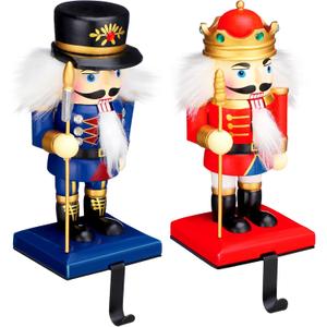 2 Pcs Wooden Christmas Stocking Holders Nutcracker Soldier Hangers with Xmas Stocking Hooks for Fireplace Mantel