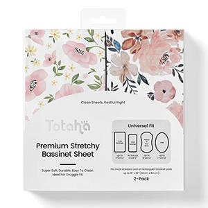 TotAha Premium Stretchy Bassinet Sheets for Baby Girl, Silky Comfort Cradle Sheets Fitted 18 x 36 for Oval, Rectangular, Hourglass Mattress, Hypoallergenic, Buttery Soft 2-Pack (Floral & Pale Pink)