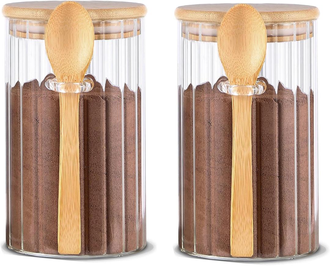 Steviieden 24 FL OZ Airtight Glass Jars with Bamboo Spoons Lids Overnight Oats Container Decorative Coffee Bar Food Storage Jar Cereal Nuts Salts Coffee Tea Flour Sugar Container Spice Jars (2Pack)