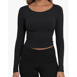 MEROKEETY Women's Long Sleeve Square Neck Crop Top Ribbed Slim Fitted Y2K Casual T-Shirt Tops Size S