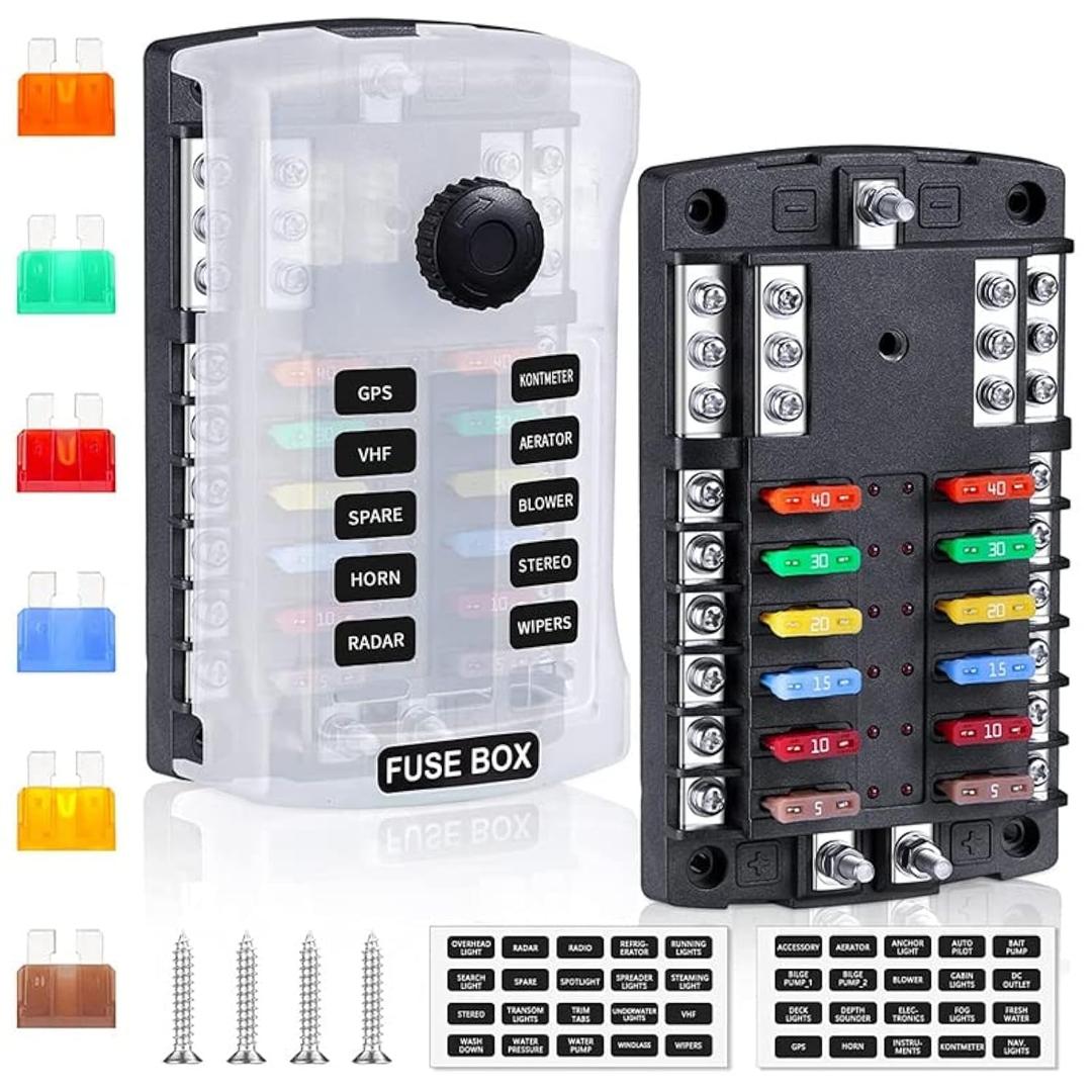 300A 12 Way Blade Fuse Block Fuse Box, ATC/ATO Fuse Holder Panel with LED Indicator & Protection Cover & 24 Fuses & 2 Stickers, for 12V/24V Car Truck Boat Marine