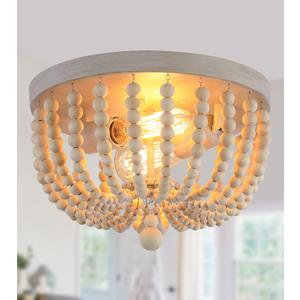 Q&S Boho Chandelier Wood Beaded Flush Mount Ceiling Light Fixtures for Nursery Baby Bedroom Kitchen Hallway,Oak White Finish,2-Lights