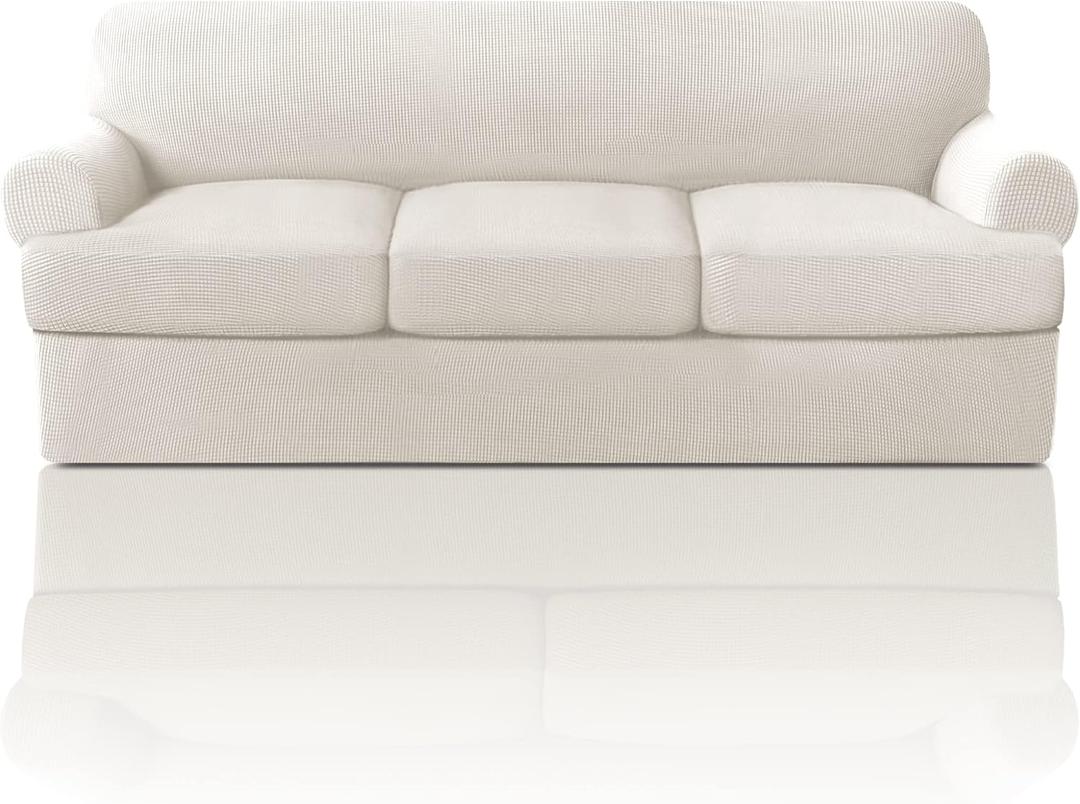 PrinceDeco T Cushion Sofa Slipcover 4 Pieces Sofa Covers for T Cushion Couch Soft Sofa Slip Covers Furniture Protector with 3 Individual T Shape Seat Covers (70"-88") Washable, Ivory