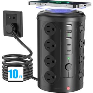 Surge Protector Power Strip,Desk Charging Station with 15W Wireless Charger, Multiple Outlets Charging Station with 16 AC Outlets & 5 USB (2 USB C) Port, for Home, Office, Dorm Room (10FT)