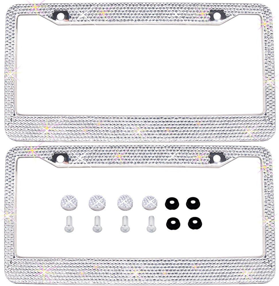 Bling Bling License Plate Frames 2 Pack - Pure Handmade Waterproof Glitter Rhinestones Crystal White License Plate Frame for Cars with 2 Holes Bonus Matching Screws Caps Set