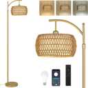 Arc Floor Lamp with 3 Color Temperatures, LED Gold Floor Lamp with Remote & Stepless Dimmable Bulb, Boho Standing Lamp with Rattan & Fabric Shades, Farmhouse Tall Lamp for Living Room Bedroom