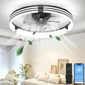 Ceiling Fans with Lights and Remote, 19.7" Black Low Profile Ceiling Fan, Modern Flush Mount LED Fan Light, 6 Wind Speeds Fandelier Ceiling Fan with Light for Bedroom, 3000-6500K Dimmable