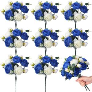 Yunsailing 8 Pack Artificial Peony Flowers Faux Silk Hydrangea Bouquet Wedding Home Table Decor Reusable Bouquet of Rose Flower for Birthday Wedding(Royal Blue and White)