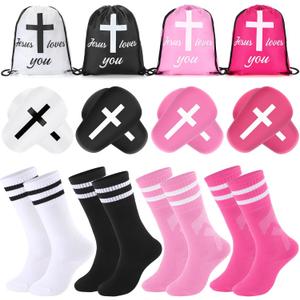 Soccer Shin Guards and Socks for Kids 3-6 Bible Verse Party Favors Mini Cross Shin Guard Jesus Loves You Drawstring Backpacks Christian Gift for Toddler Girls Boys (Black and Pink)