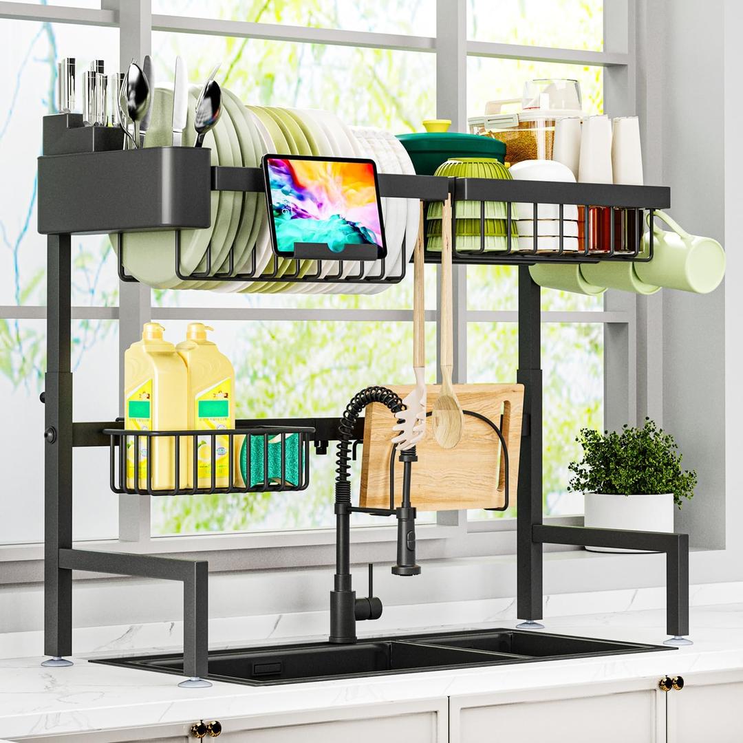 ADBIU Over The Sink Dish Drying Rack (Expandable Height and Length) Snap-On Design 2 Tier Large Dish Rack (22.6" - 34"(L) x 10"(W) x 19" - 21.5"(H), Black)