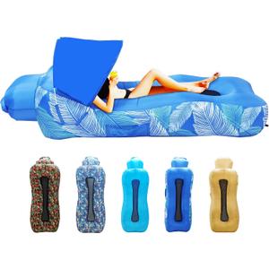 Inflatable Couch, Inflatable Lounger Air Sofa | No-Pump Blow Up Couch | Ergonomic Design, Air Couches Outdoor for Camping & Park & Beach, Upgrade Your Camping Accessories-with Sun Shade (A Blue Feathers)