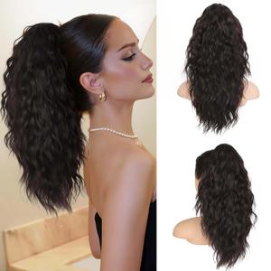 Isaic Ponytail Extension 18 Inch Claw Clip in Ponytail Extensions Black Brown Fake Synthetic Hairpiece for Women Layered Pony Tails Hair Extensions
