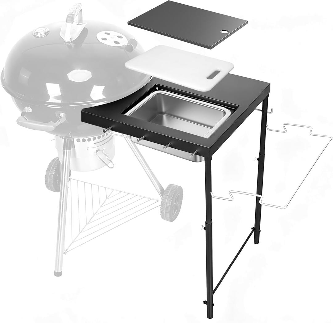 Utheer Folding Grill Table for Weber Kettle 22/18/26 Inch, BBQ Prep Station
20 x 20 in station adds cutting board, stainless basin, lid and 4 hooks with 27-36 in adjustable height