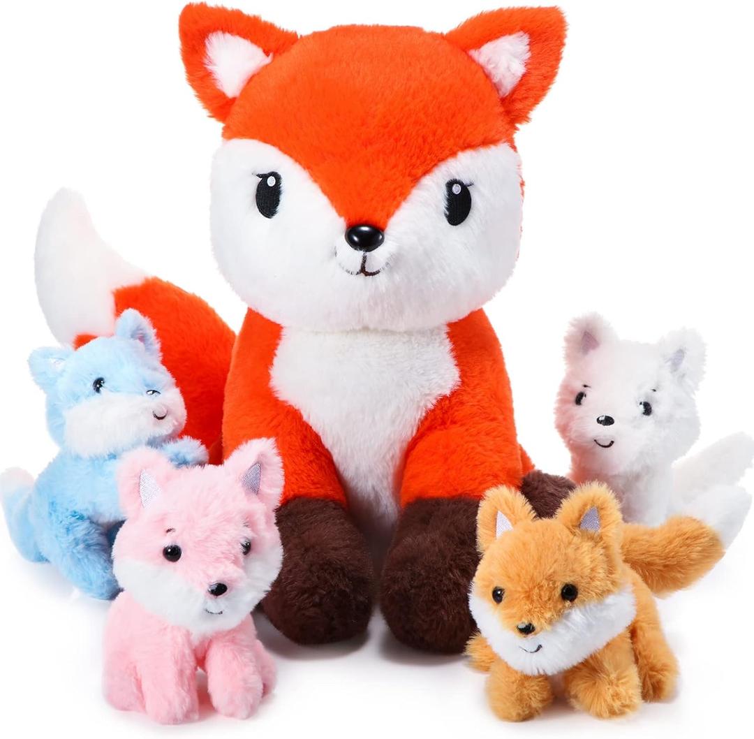 HyDren 5 Pcs Fox Plush Toy Set 14 Inch Mommy Fox Stuffed Animal with 4 Cute Plush Baby Foxes in Tummy Soft Cuddly Fox Plushies for Baby Shower Birthday Gifts Woodland Party Decor Favors
