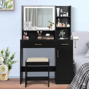 QUALIKRAFT Widescreen Vanity Set with LED Mirror & Stool, Makeup Desk with Built-in Power Outlet, 2 Drawers & 6 Shelves, Wide Lighted Dressing Table