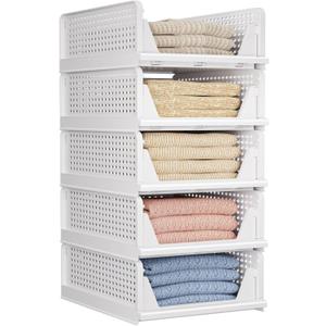 5 Pack Folding Closet Organizers Storage Box, Stackable Storage Bins, Plastic Drawer Basket Closet Storage for Wardrobe Cupboard Kitchen Bathroom Office White-5L (5 PACK-L)