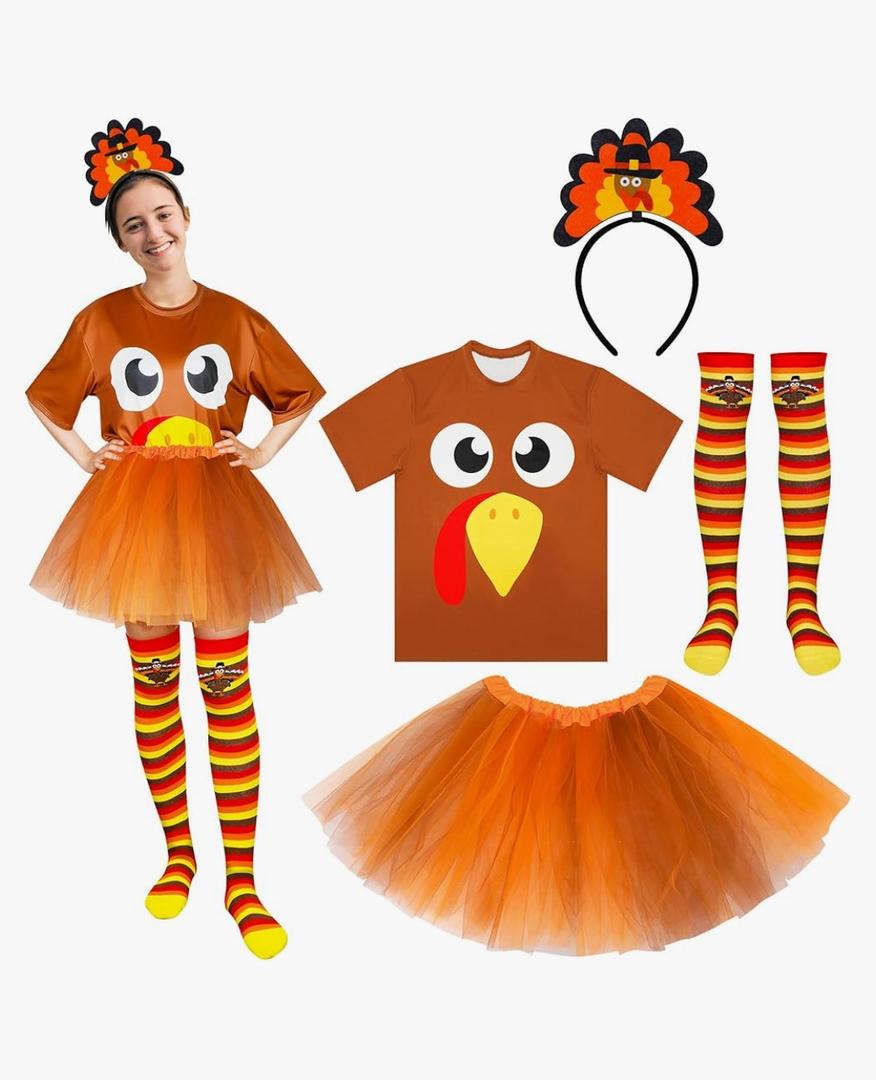 QZYL Turkey Costume Set, Turkey Trot Shirt Tutu Dress Headbands High Socks, Thanksgiving Turkey Trot Cosplay for Adults L