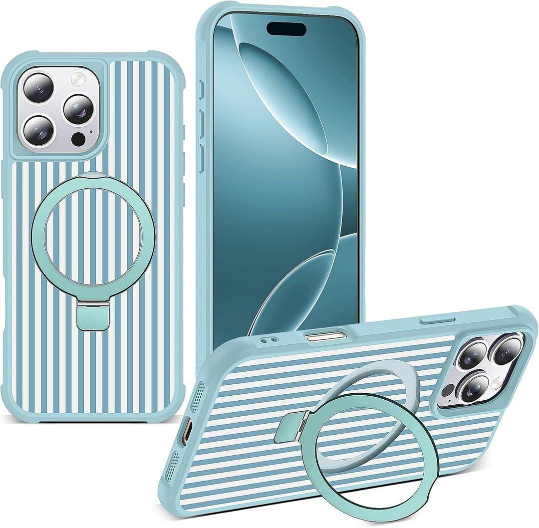 Striped Case for iPhone 16 Pro Max with Stand,6.9" Blue