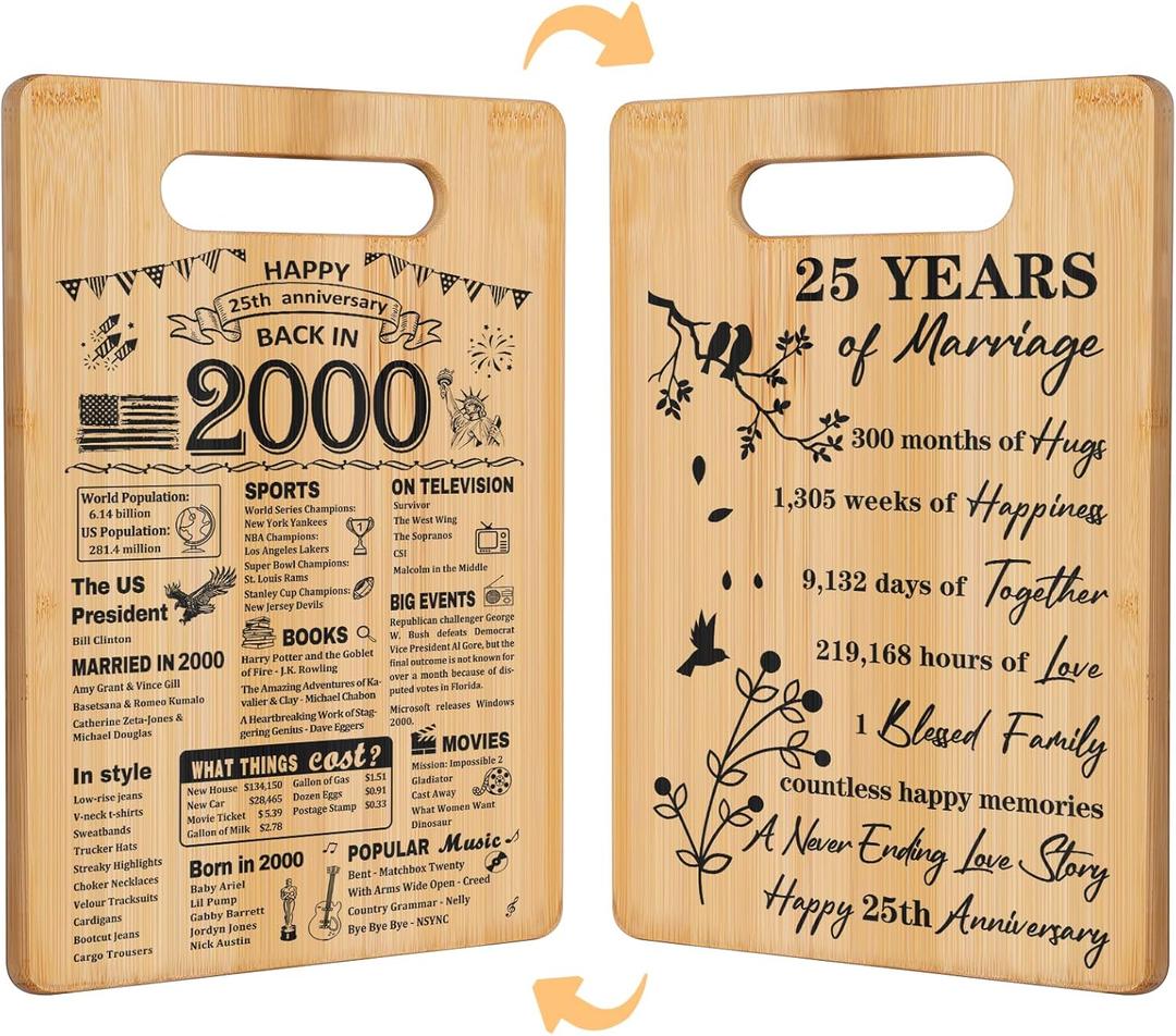 25th Wedding Anniversary for Women Men,Back In 2000&25 Years of Marriage Double sided Cutting Board Gift for Her Him,best 25 years anniversary Decorations for couple