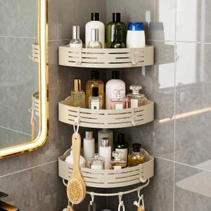 3-Tier No-Drill Storage Caddy with Hooks&Towel Bar,Organizing Solution for Bathroom,Shower&Kitchen,Holds Shampoos,Soaps,Sponges&Cleaners,Triangle,Cream