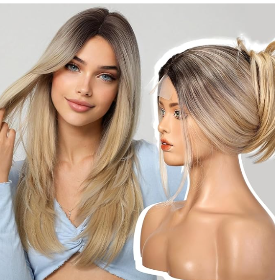 Wigs,Natural Central Lace Bob, Premium Heat-Resistant Synttic Straight Wigs for Women Daily Use(Ombre Light Blonde with Brown Highlight)