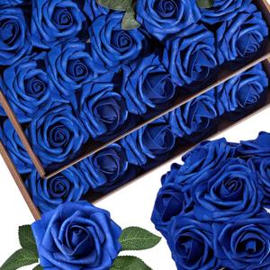 50pcs Artificial Flowers Foam Fake Rose with Stems 12 Leaves Real Looking Faux Roses for Wedding Bouquets Bridal Shower Centerpieces Arrangements Party Tables Decorations DIY (50, Royal Blue)