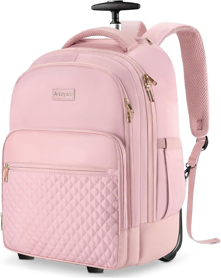 Arcoyard Rolling Backpack Carry On Luggage For Adults With Wheels, 40L Wheeled Backpack For Women, Travel Roller Backpack, Rolling Bag, Pink, 17-inch