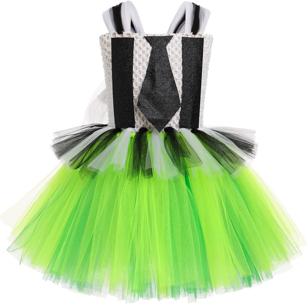 IBAKOM Girl Black and White Stripe Puffy Tulle Halloween Tutu Dress with Bowknot Headband Toddler Scary Birthday Outfits (10-12 Years, Green)
