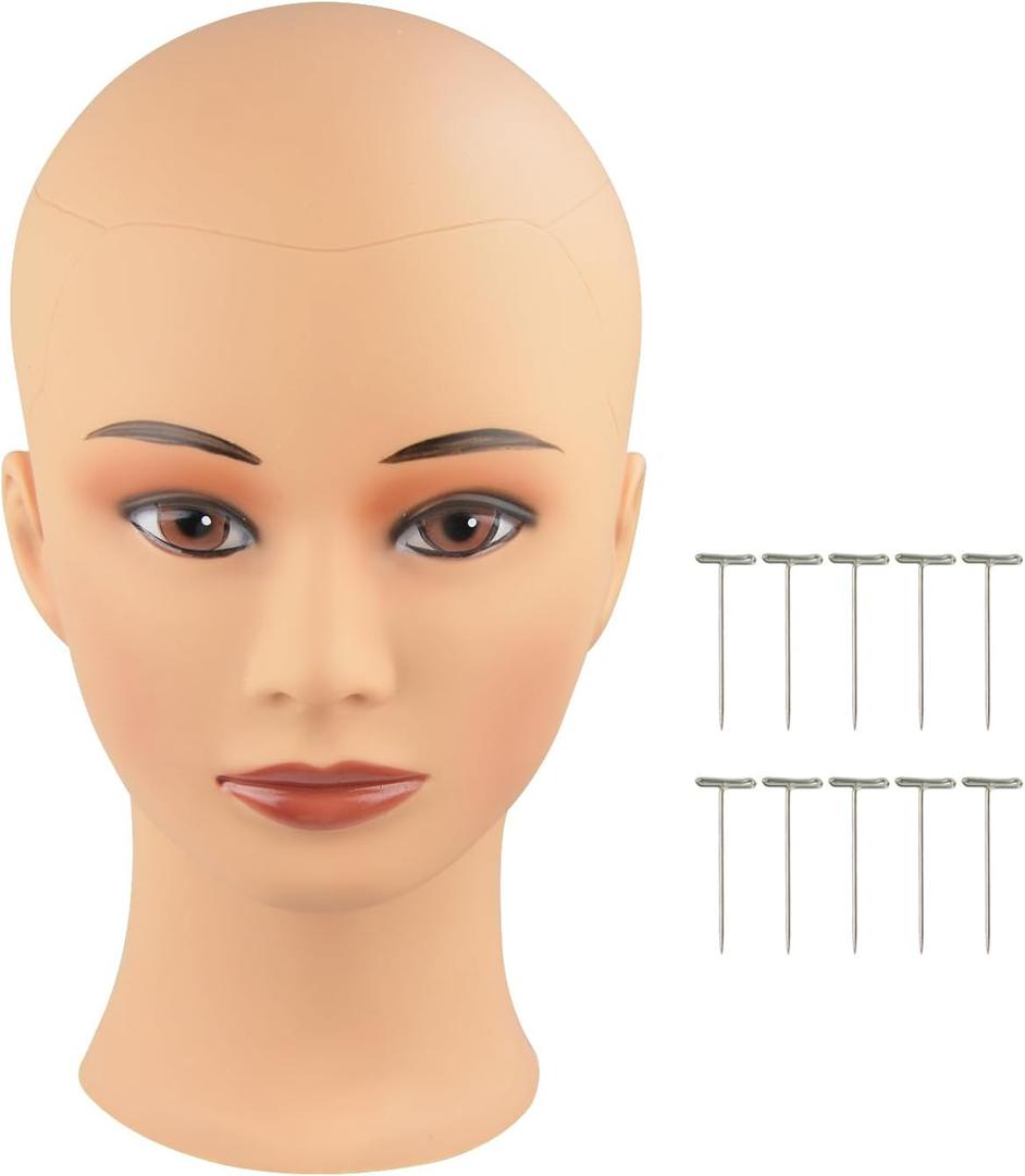 Bald Mannequin Head Female Professional Wig Head for Wig Making Displaying Wigs Hat Eyeglasses with T-Pins (Skin Color 20inch)