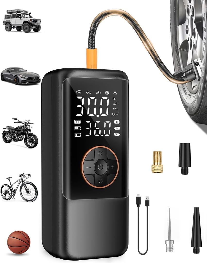 Tire Inflator Portable Air Compressor, 150PSI Air Compressor for Car Tires, Cordless Bike Pump with Pressure Gauge & LED Light, Tire Pump for Cars, Motorcycles, Bikes, Balls (Black)