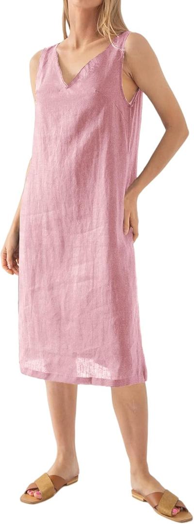 Womens 100% Linen Sleeveless V Neck Midi Summer Dresses with Pockets (Medium, Pink)