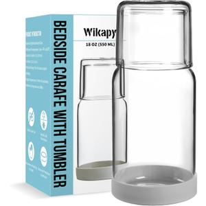Wikapy Bedside Water Carafe and Glass Set, Night Bedside Carafe with Silicone Coaster, Water Carafe with Glass Cup for Nightstand Bedroom, Lead-free and Clear Mouthwash Dispenser for Bathroom, 18 OZ