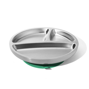 Avanchy Open Baby Plates with Suction – Stainless Steel Divided Plates for Toddlers, BPA-Free, Dishwasher Safe, Unbreakable, Non-Toxic, 100% Silicone Suction – Gray