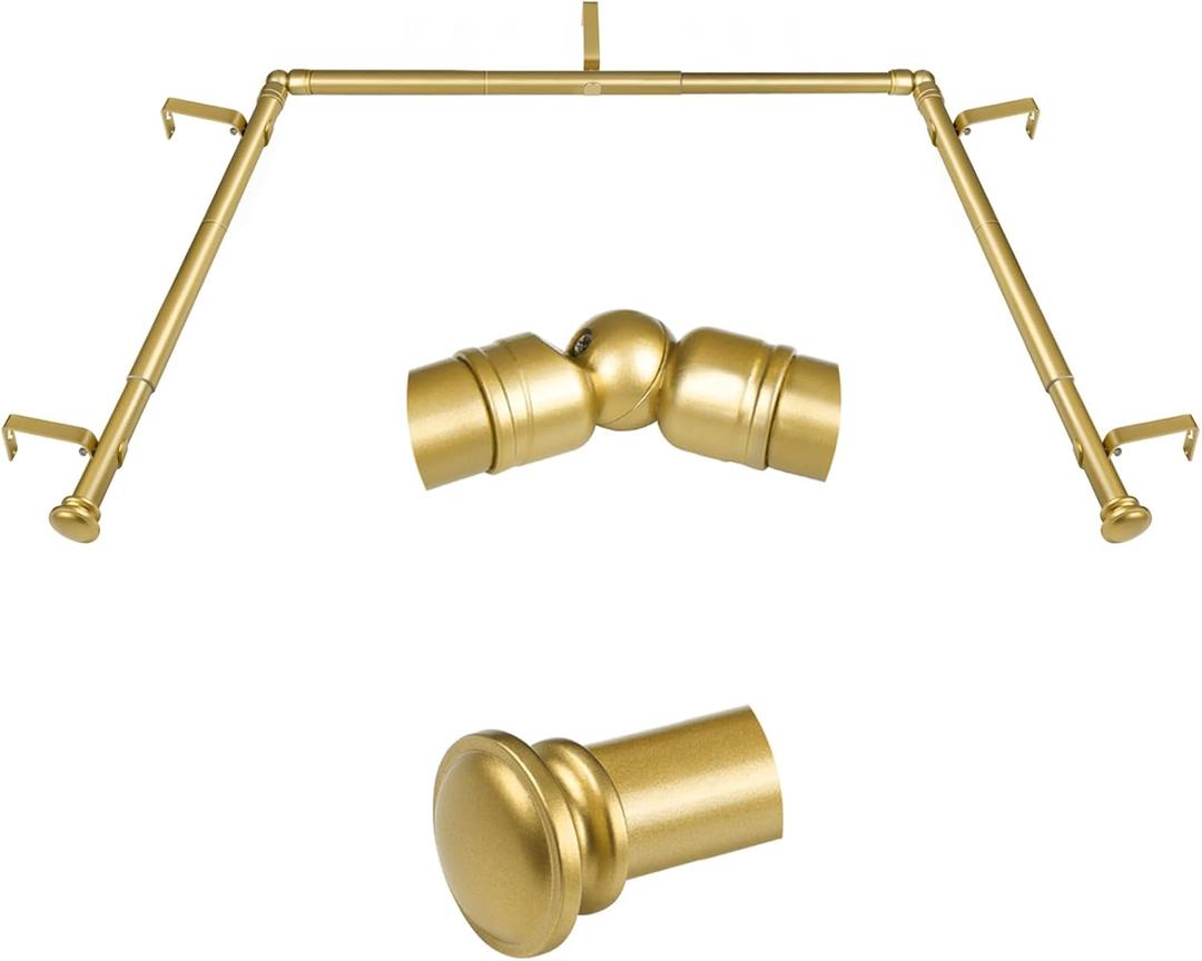 TONIAL Bay Window Curtain Rods, 32-86 Inch Center Rod for window, 20 to 82 Inch Side Rods for windows 3/4 Inch Decorative Drapery Rods with Small Cap Finial, Gold