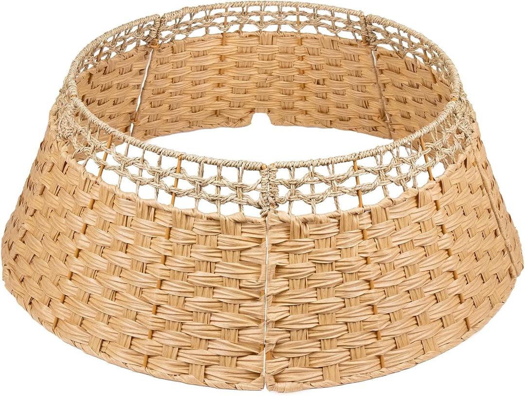 Christmas Tree Collar, Rattan Xmas Tree Skirt for Artificial Trees, Base Cover for 7.5ft Trees Christmas Tree Skirt, Handcrafted Woven Hyacinth Rustic Tree Skirt (Wood Color)