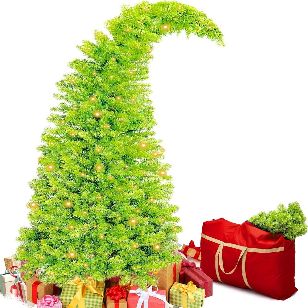 Bendable Christmas Tree Whimsical Christmas Pre-Lit Lime Green Stole Bent Top Artificial Xmas Tree Decorations with LED Lights Ornament Bag(7.5ft)