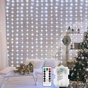 echosari Curtain Lights Battery Operated, 200 LED Curtain Fairy Lights 6.6×6.6ft with Remote Timer Outdoor Wall Light Fully Waterproof for Wedding Backdrops Bedroom Decor (Cool White)