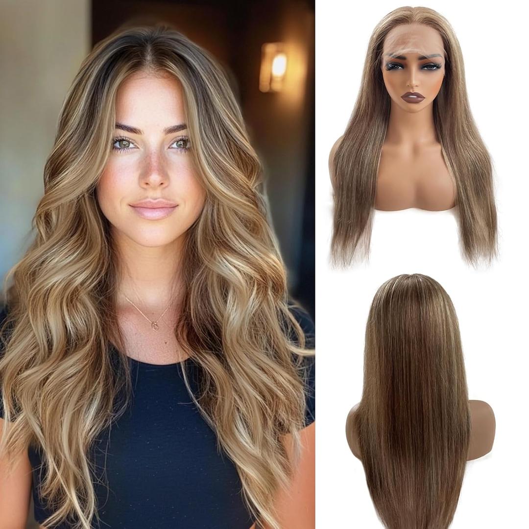 Belaved 22 Inch Ombre Lace Front Wig Human Hair 13x4 Straight Highlight Light Brown to Brown with Ash Blonde Lace Closure Wigs Human Hair for Women Real Brazilian Virgin Hair Pre Plucked Hairline