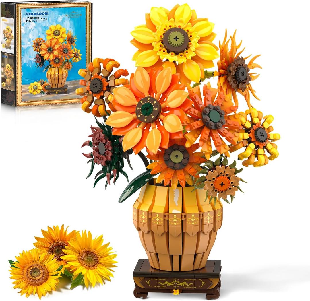 PLAXSOON Sunflower Building Set with Lights Vase Base, Flowers Botanical Collection Building Block for Adult Women Girls 12+, Gift for Mothers Day, 1180PCS Art Bouquet Bonsai Plant Building Kit