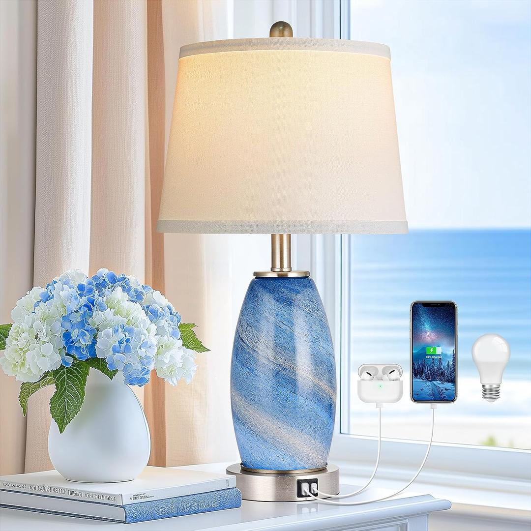 Blue Lamp for Bedroom & Bedside with 3-Way Lighting Modes & USB C+A - Modern Style Glass Nightstand Table Lamp for Living Room & Bedroom Decoration (23.5" H)