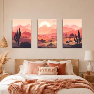 3 x Motivilla 24x16 In Canvas Wall Art Set of 3, Desert Sunset Mountain | Easy to Hang Canvas, Warm Boho Desert Sunset Mountain Landscape For Living Room, Bedroom, Bathroom Or Entryway