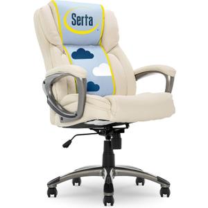 Serta Garret Executive Office Chair, Ergonomic Mid-Back with Lumbar Support, Semi-Plush Cushion and Body Pillows, Padded Armrests, Swivel Base, Bonded Leather, Ivory White