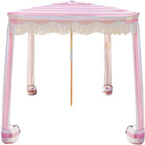 AMMSUN Beach Cabana with Fringe, 7' x 7' Boho Beach Canopy with Tassels, Easy Set up & Premium Wood Pole, Cabana Tent with Sand Pockets, Instant Sun Shade for Sand, Garden, Patio, Rose Stripes